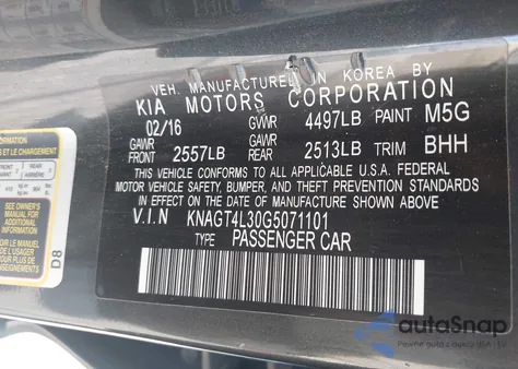 2016 Kia Optima Lx from USA, damaged, VIN KNAGT4L30G5071101